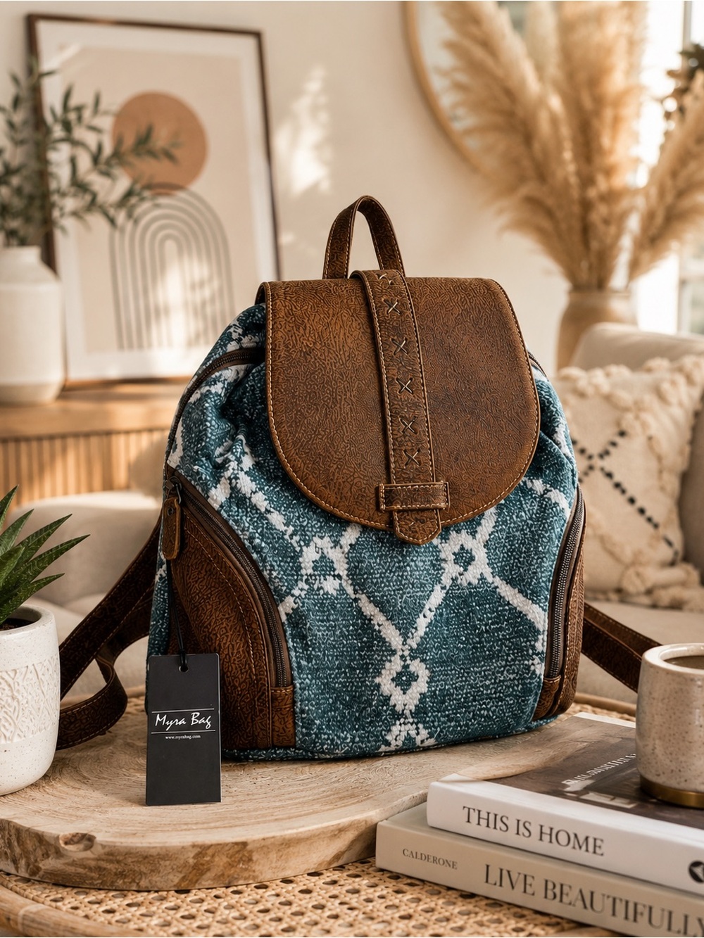 Myra Bag Sand N’ Beach Teal Geometric Backpack Leather Trim NWT